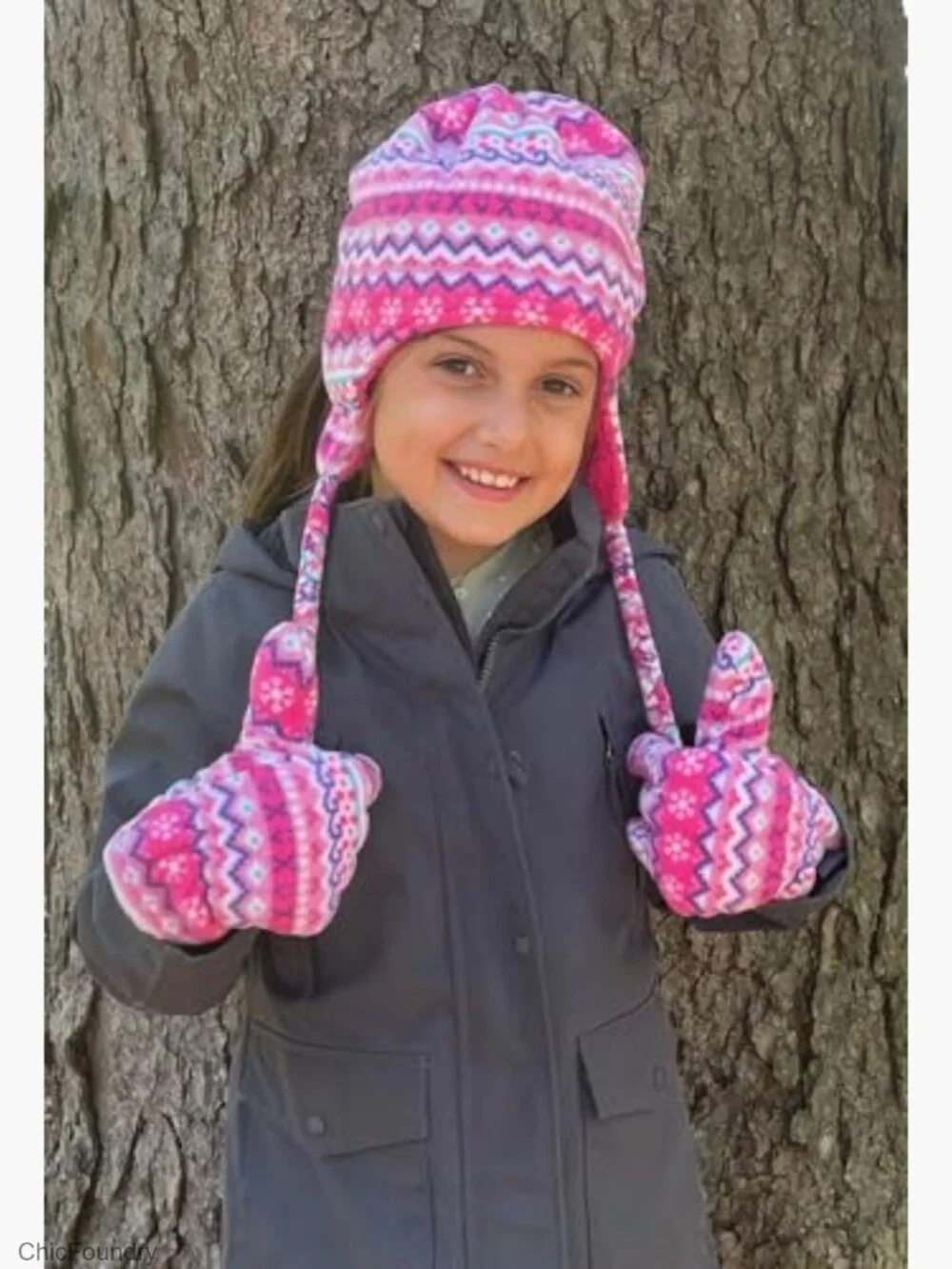 Girls Fleece Hat and Gloves Set Sherpa Lined Winter Accessory